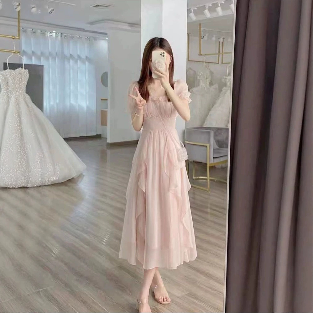 Váy maxi nữ thắt eo chất liệu voan mềm mại, dáng suông dài quá gối — màu hồng chi tiết 3
