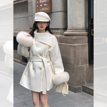 韩系千金围脖双面羊绒大衣袖口毛斗篷毛呢外套女腰带冬装25年新款