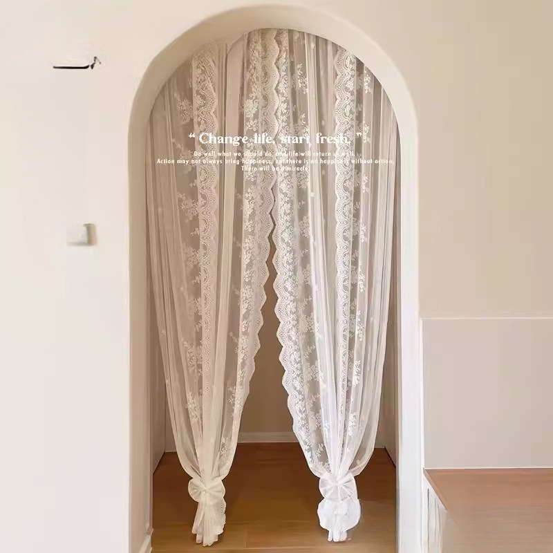 French Lace Door Curtain Partition Curtain Bedroom Blocking Curtain Sheer Curtain Light-Transmitting but Not See-Through No-Drill Small Window Short Curtain