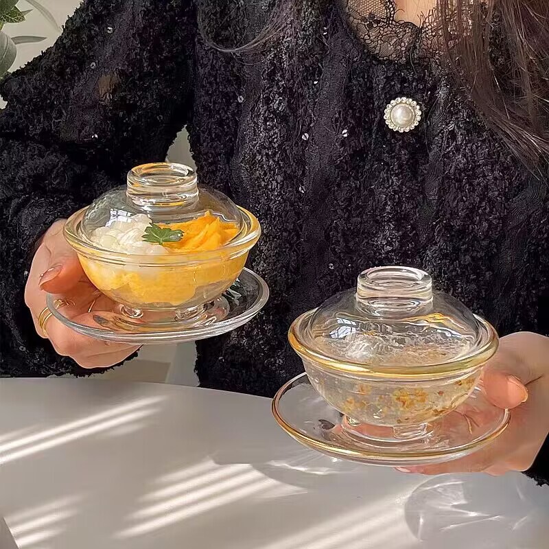 Jingxiang Bird's Nest Bowl Tremella Small Stew Cup Glass Transparent Dessert Bowl with Lid Household Chinese-style Afternoon Tea Bowl and Dish suit