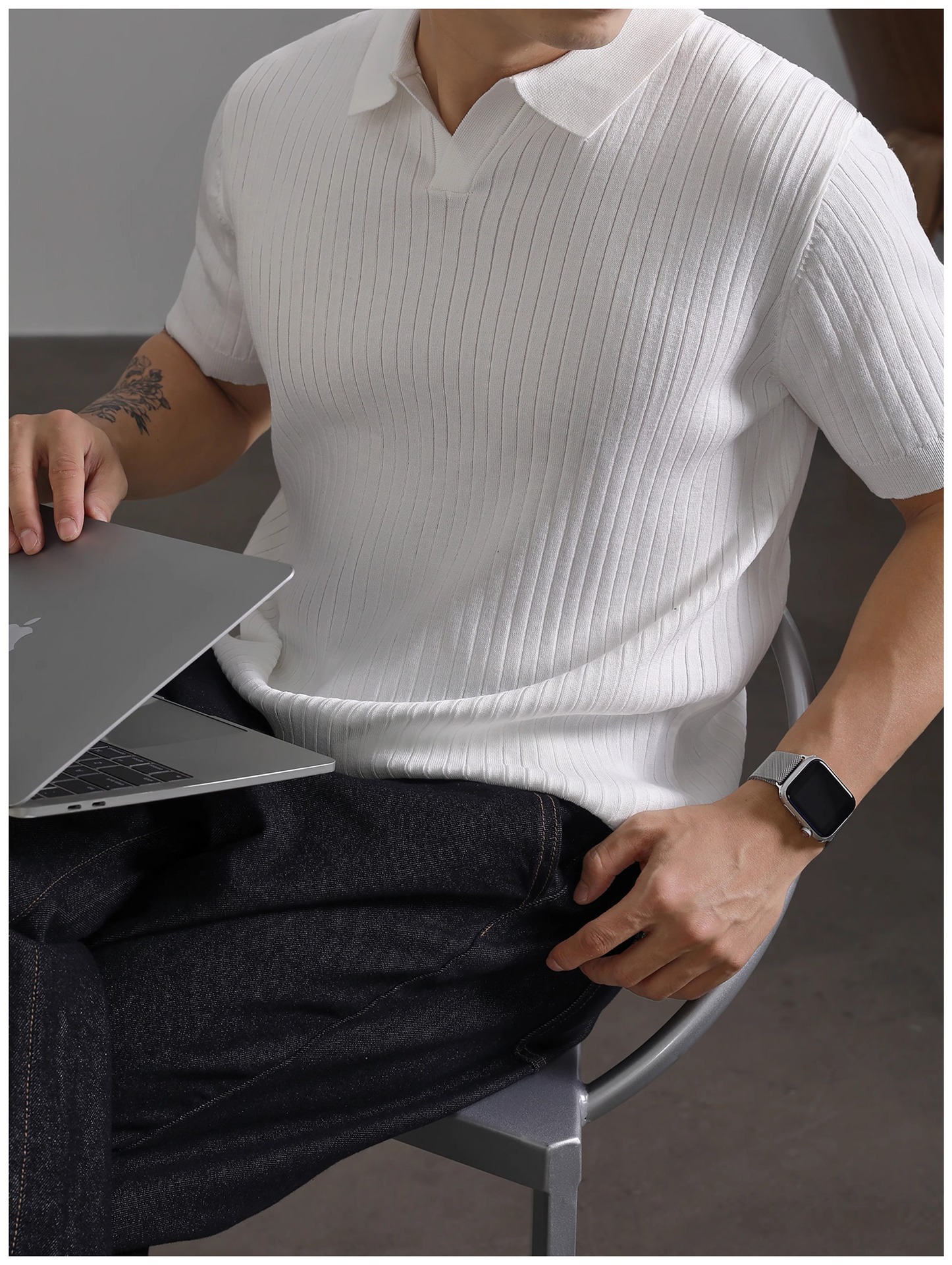 Herren Polo Shirt Strick Kurzarm Gestreift Aus Eisseide_voghion.com