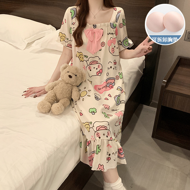 2025 verano nuevo hogar ropa de mangas cortas pijama de niñas cuello cuadrado de encaje dulce nube de algodón cojín de pecho pijama