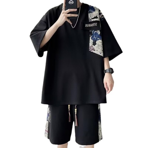 National Trend Honeycomb Bear Set for Men - Summer Streetwear Two-Piece Pajama Set Loose Casual Large Size Short-Sleeve Five-Finger Pants