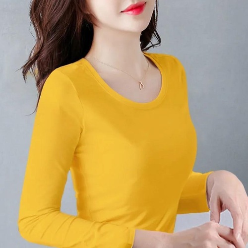 Solid-color autumn base shirt for women, long-sleeve T-shirt—spring/fall tight-fitting top with a crew neck, slim-fit design, and stretchy Korean-style inner layer.