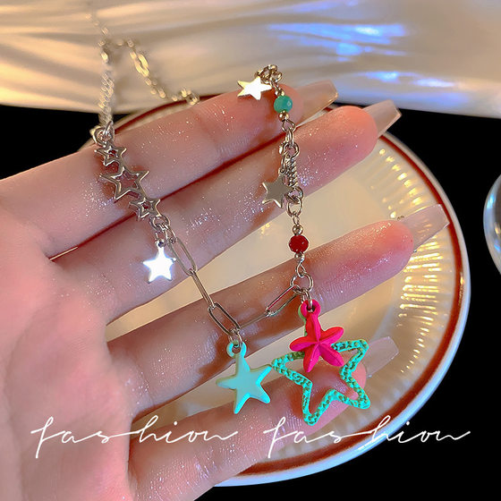 Pink Green Five-pointed Star Necklace Female Niche Design Sense Dopamine Sweet Cool Style Colorful Sweat Chain Accessories Spice Girls