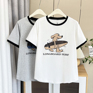 100kg Plus-Size Women's Summer New Casual Color Block Printed Skateboard Dog Short Sleeve Versatile T-Shirt 7182
