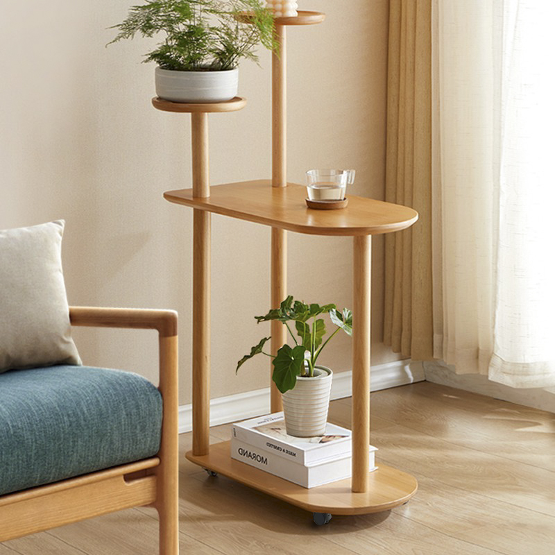 Solid wood flower stand living room floor-standing indoor multi-layer flower pot storage rack side table movable flower stand with wheels simple