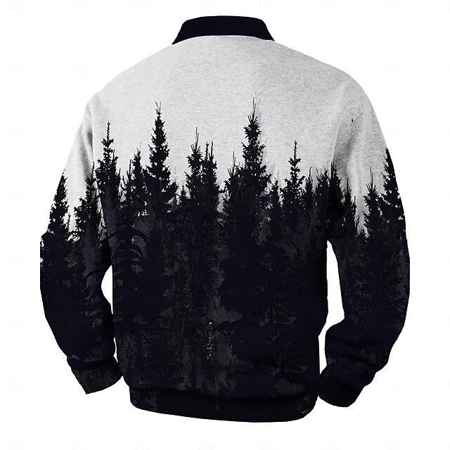 Venta caliente abstracto bosque oscuro estampado 3D hombre casual todo fósforo suelto manga larga cuello botón camisa POLO