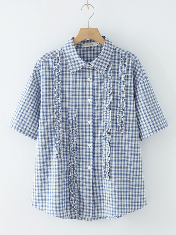 Japanese Retro Short-Sleeved Plaid Shirt for Women, Summer Wear, Artistic Style, Lace Splicing, Loose Fit, Slimming Loose Top