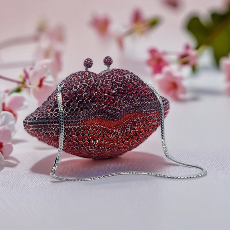 Túi clutch nữ đính đá dạ hội viền môi kim loại — màu đỏ đậm, Màu đỏ, Màu xanh lá, Màu xanh lam