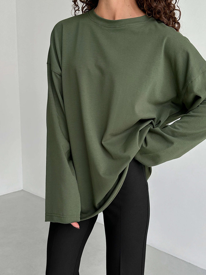 Áo thun nữ cotton 100% cổ tròn tay dài form rộng màu trơn — Màu cà phê, Màu hồng, Màu mơ, Màu trắng chi tiết 23
