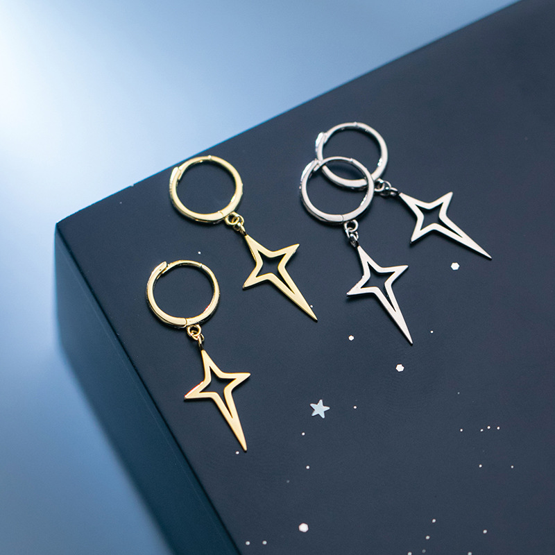 Eloch s925 plata coreana simple pequeña y fresca estrella de cuatro puntas personalidad temperamento moda auriculares G7454