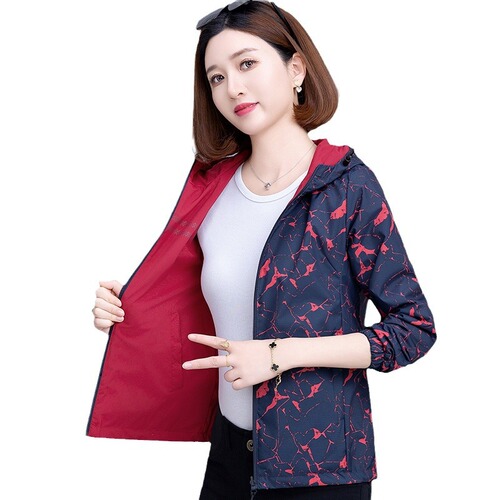 Two-sided hooded outdoor windproof and waterproof cardigan jacket for women—spring and autumn, suitable for middle-aged moms.