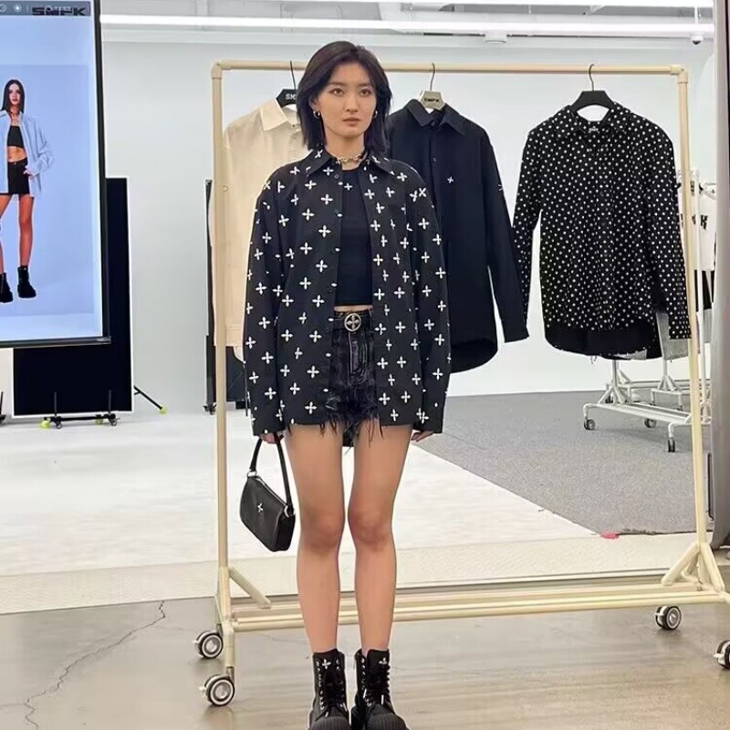 SMFK Black Garden Wide Cotton Yarn Shirt Cross Flower Full Print Long Sleeve Shirt Jacket 25 New