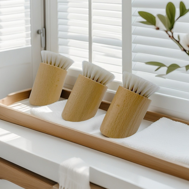Cepillo de masaje de madera profundo, cepillo de lana inclinado de beech, cepillo de limpieza facial, cepillo facial pequeño, cepillo de limpieza facial profundo
