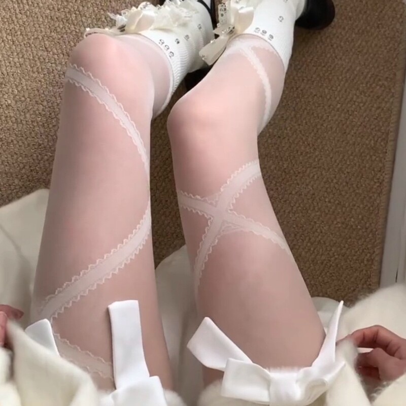 Cream-Colored Lace-Up Lace Stockings for Women, Lolita Style Stockings Paired with High Boots, Sweet Thigh-Binding Design, Korean-Style Silk Stockings Cream-Colored Lace-Up Lace Stockings for Women, Lolita Style Stockings Paired with High Boots, Sweet Thigh-Binding Design, Korean-Style Silk Stockings