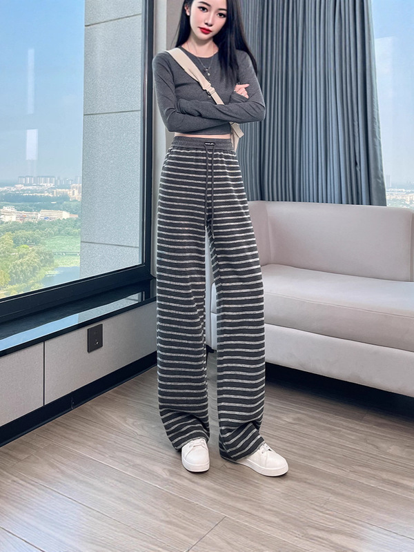 【2559】新款秋冬百搭针织条纹休闲裤女宽松直筒高腰显瘦拖地裤子|undefined