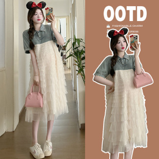 Maternity Wear 2025 Summer New Style Denim Splicing Cake Skirt Long Over-The-Knee Summer Thin Age-Reducing Dress