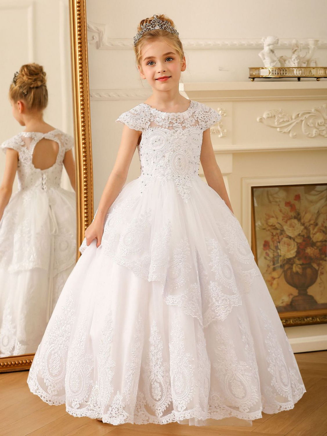 Europa transfronteriza comercio exterior vestido infantil floral vestido de novia niña encaje caliente correa de perforación espectáculo de desfile calzoncillos