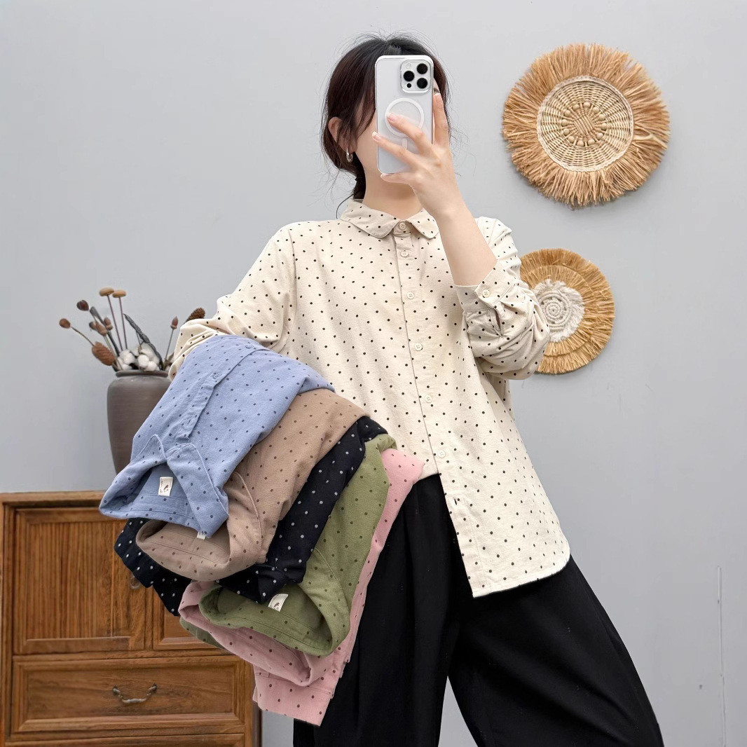 2024秋冬日系森女印花波点磨毛小圆领女士开衫长袖打底衫衬衫批发