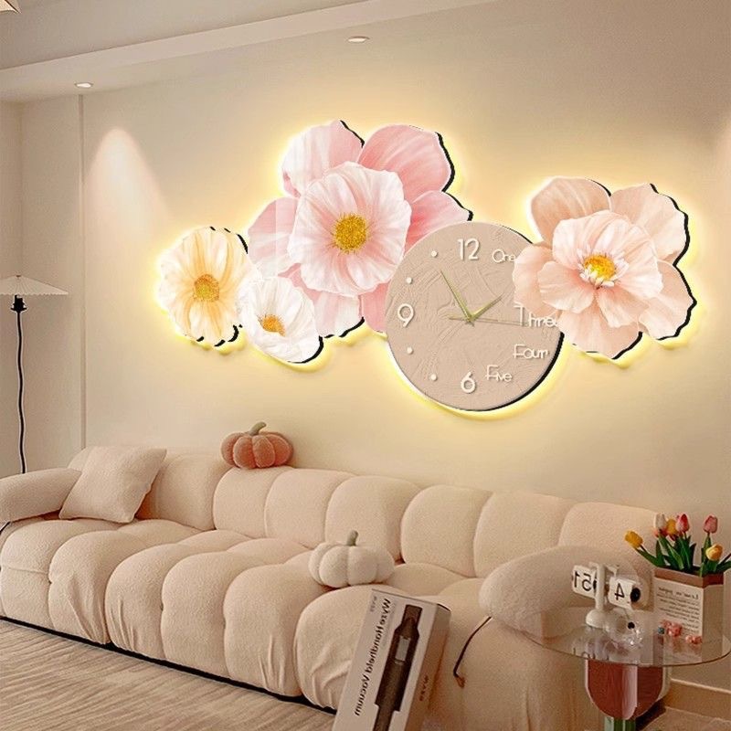 Cream viento sala de estar decoración pintura de fondo sofá colgar pintura de pared con reloj moderno minimalista floral LED pintura de lámpara luminosa