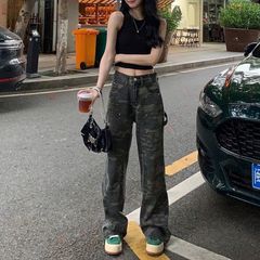 高腰百搭直筒牛仔裤军绿色新款女2025年小个子显瘦窄版阔腿迷彩裤