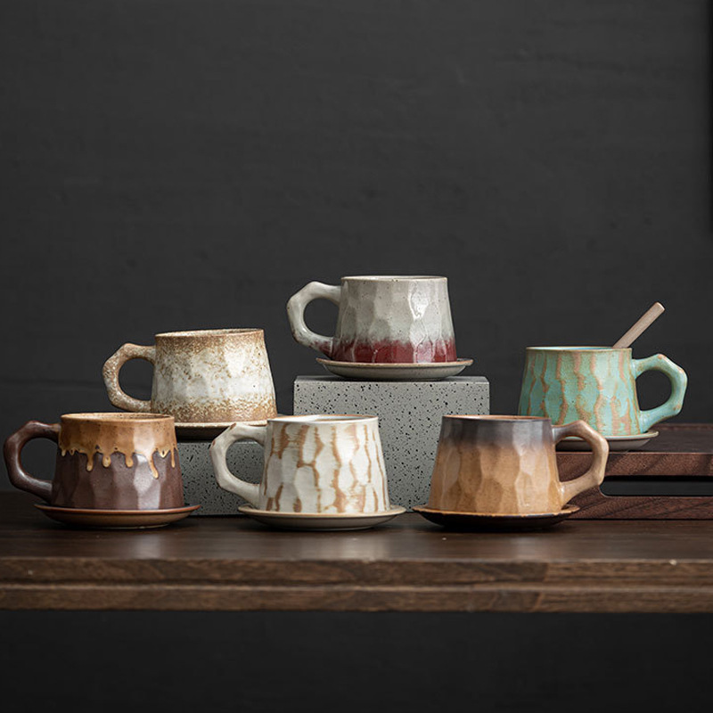 Vintage Ceramic Coffee Cup and Saucer Set, Creative High-Value Cups, Japanese-Style Rustic Ceramic Mugs, Home-Use Artistic Water Cups
