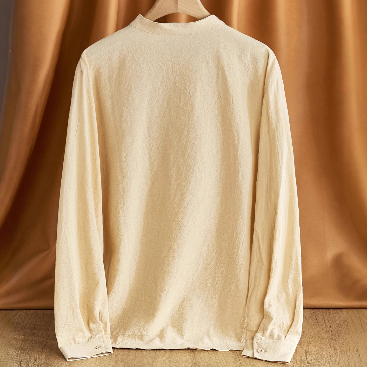 Camicia casual da uomo a maniche lunghe con colletto alla coreana, tinta unita, modello Foreign Trade, 2026._voghion.com