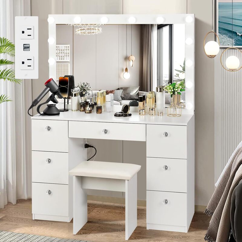 Home Bedroom Vanity Table with Illuminated Mirror, Brightness-Adjustable Light Bulb and Storage Drawers with Cushioned Stool Vanity Table