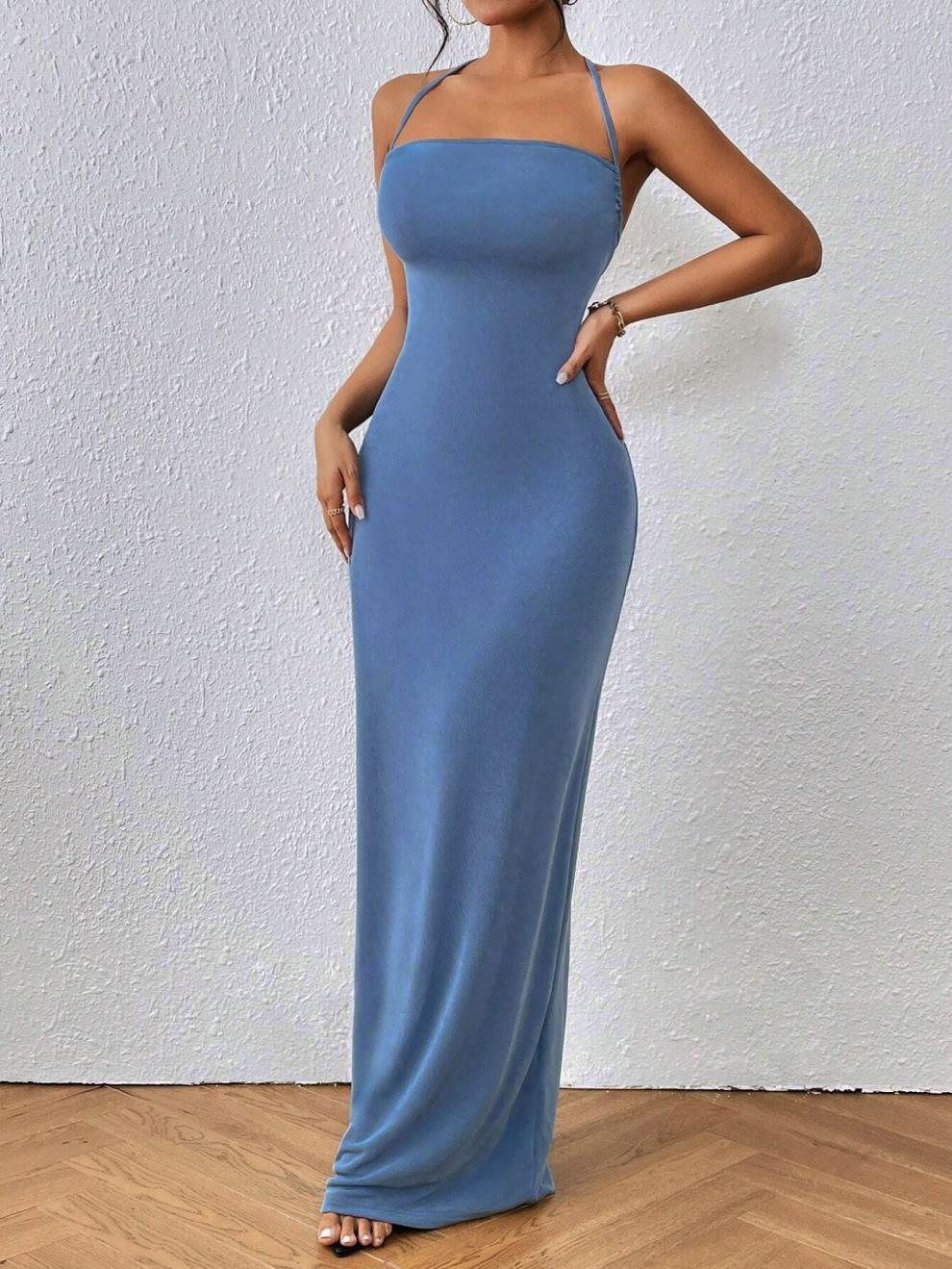 Holiday Occasion Wholesale Women's Streetwear Solid Color Holiday Halter Neck Sleeveless Sheath Dress