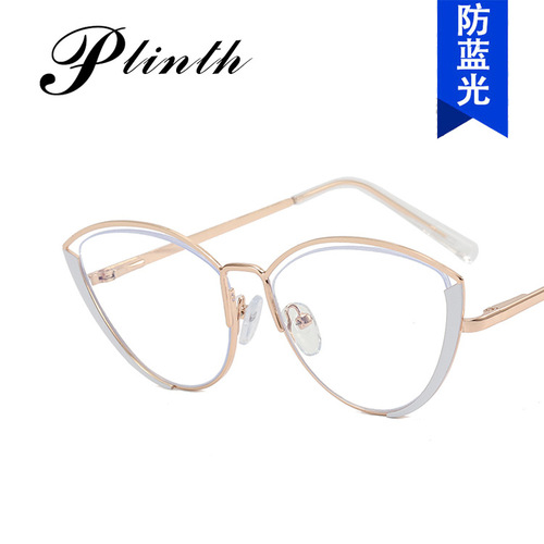  New Personalized Small Frame Cat Eye Optical Glasses Fashion Trendy Metal Anti-Blue Light Flat Mirrors European and American Cross-Border Ladies