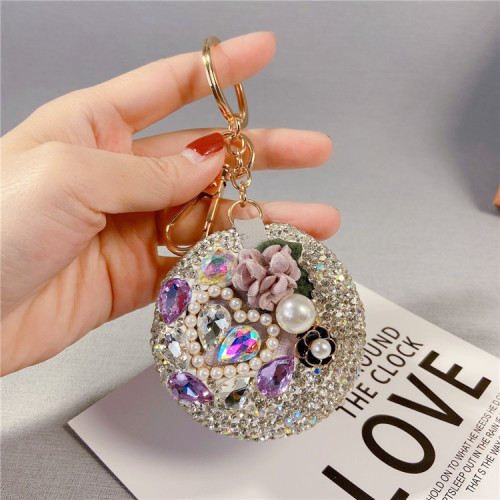 Creative Diamond Mountain Camellia Makeup Mirror Car Keychain Creative Round Small Mirror Bag Pendant Portable Touch-up