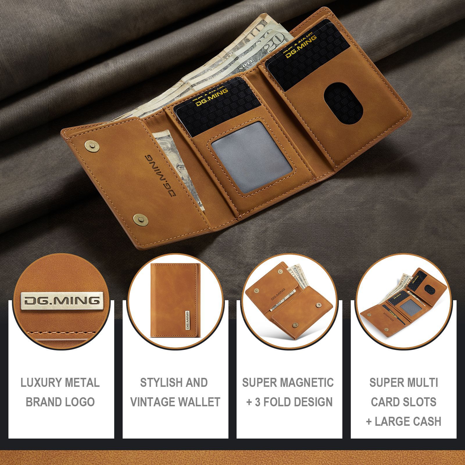 DG.MING ruda piniginė, europietiška ir amerikietiška, retro stiliaus PU piniginė, kreditinių kortelių krepšys, daugiafunkcis, magnetinis mažas piniginės krepšys, sankabos krepšys_voghion.com