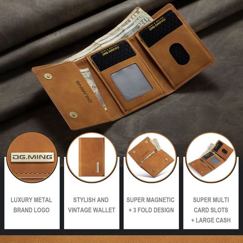 DG.MING Brown Wallet European and American Style Retro PU Wallet Multi-function Magnetic Clasp Small Wallet Clutch Bag