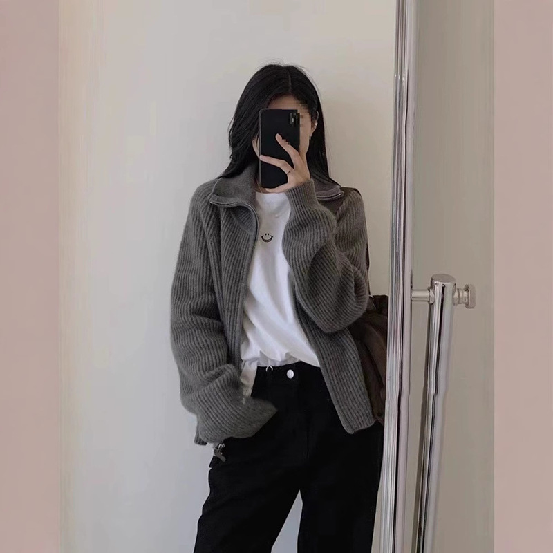 灰色浣熊绒半高领立领双拉链毛衣外套女秋冬加厚外搭外穿针织开衫|undefined