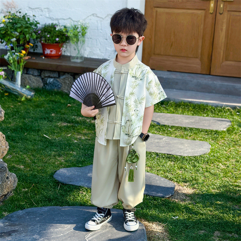 Boys' Hanfu Summer Short-Sleeved Tang Suit Set, New Children's Chinese Style Shirt with Button Placket, Soft, Cool, Skin-Friendly and Durable