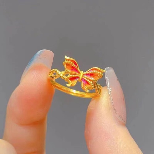 Dreamy Butterfly Openwork Ring, Gold-Plated Enamel Colorful Finger Ring for Women, Court Style Hollow Filigree Ring