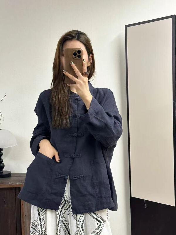 新中式女装高品质亚麻上衣女纯色文艺复古对襟衬衫女中式改良茶服|undefined