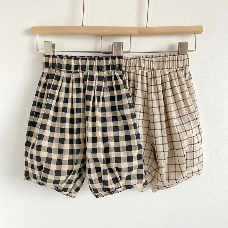 Mori style children's cute pumpkin pants boys and girls baby plaid cotton linen lantern fifth pants summer 0038