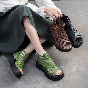 Jiezu 2025 Summer New Hand-Woven First-Layer Cowhide Fish Mouth Sandals Heightening Roman Breathable Retro Women's Shoes