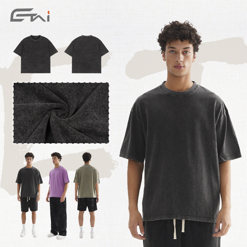 ETAI Hombre| Marca de tendencia transfronteriza pesada lavada con agua para hacer viejas camisetas retro estadounidenses de color sólido sueltas de hombro para hombres mangas cortas image 3
