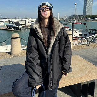 MMFISH大毛领两穿加厚保暖宽松高领中长混色毛边夹克外套24W417