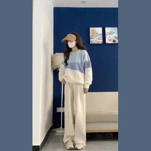 Autumn and winter Japanese sweaters for women wear contrasting color twist new knitted loose sweater casual wide-leg pants two-piece trendy