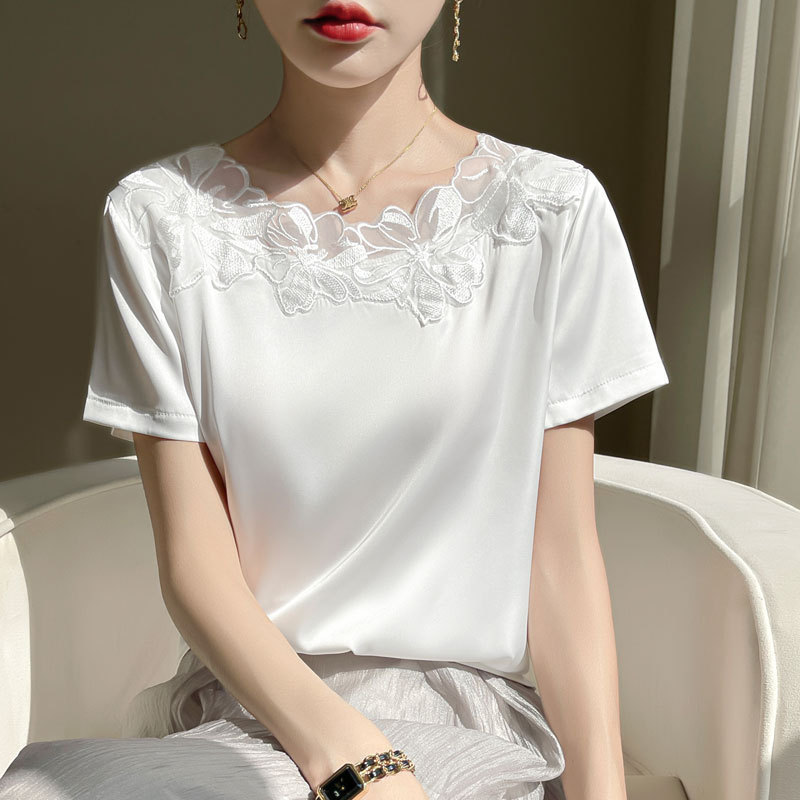 Silk Satin 2026 Spring/Summer New Women's Round Neck Short Style Elegant Lace Patchwork Short-Sleeve Versatile T-Shirt Top