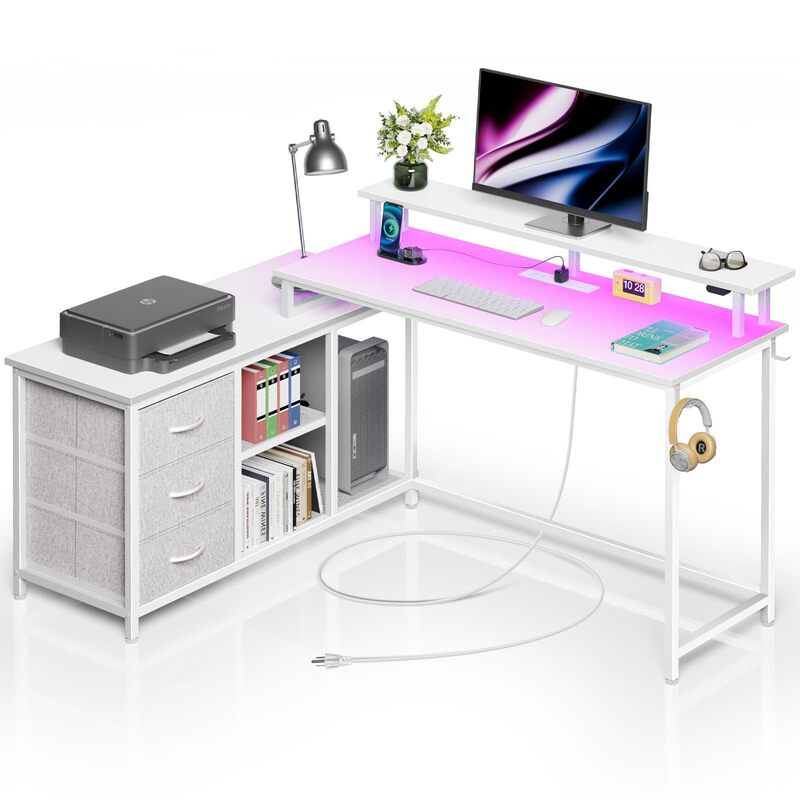 Office computer desk with power socket and LED light strip reversible L-shaped desk with 3 drawers printer cabinet shelf