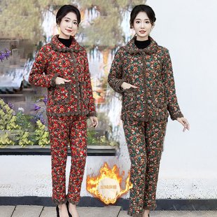Mother's New Winter Coat Casual Cotton Pants Women's Two-piece suit Fashion fleece-lined Thickened Lapel Cotton Padded Coat suit