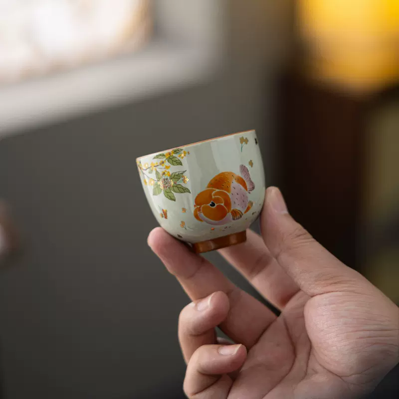 草木灰金鱼茶杯主人杯品茗杯功夫茶杯陶瓷单杯新中式茶室茶空间