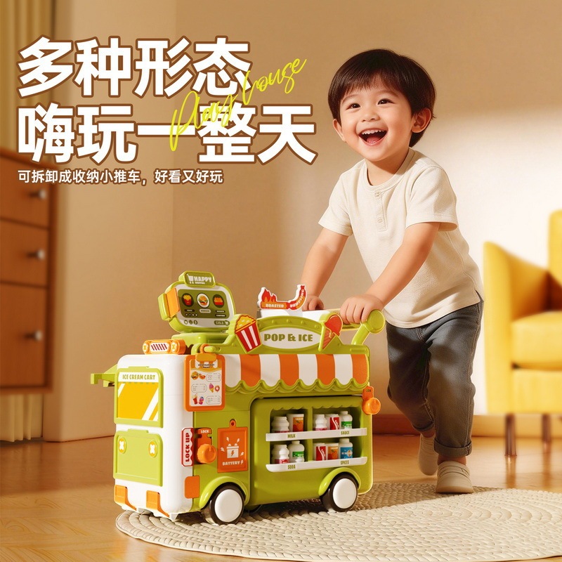 Transforming Kitchen Vending Cart with Cash Register, Lights, Music, Spray Function, and Storage for Early Education Toys, Ice Cream Cart Toy
