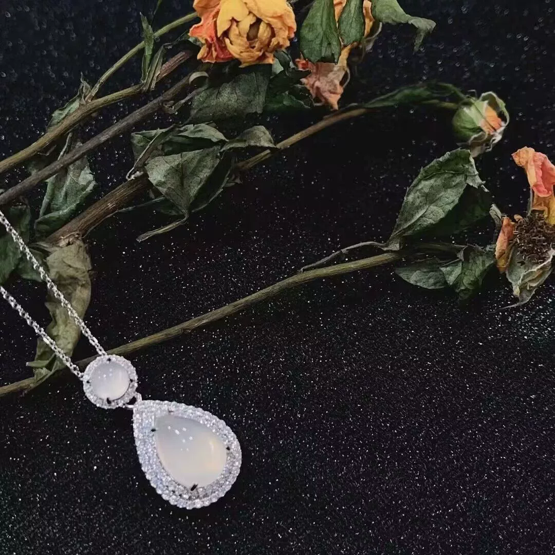 Silver stone inlay white jade, agate pendant jade, ice imitation, simple and elegant design