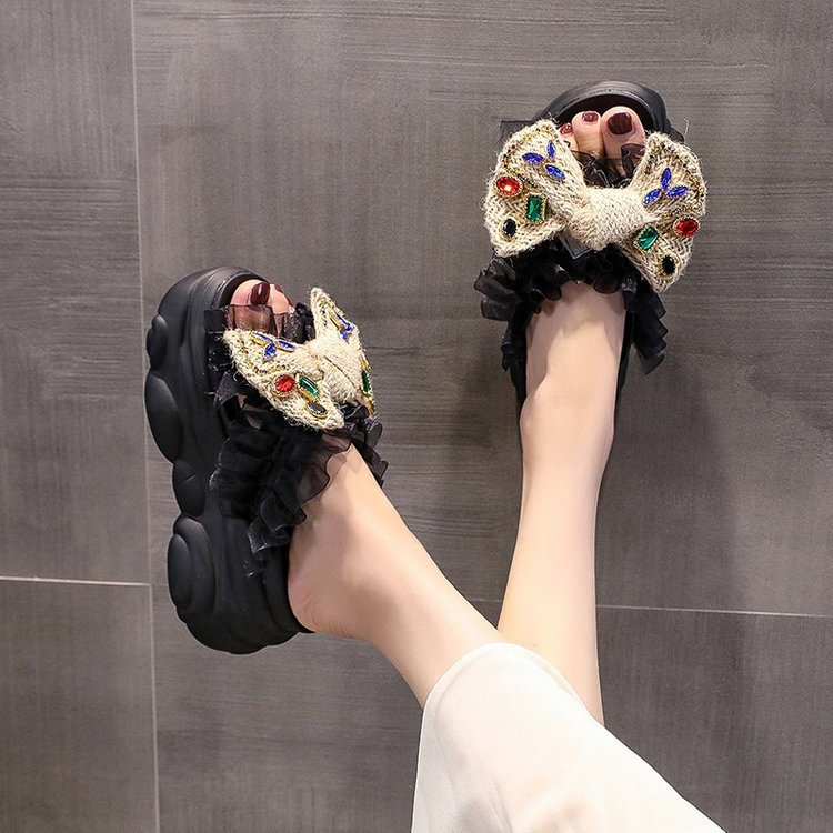 Novedad de verano europeo, estilo colorido, lazo de diamantes de imitación, plataforma de suela gruesa, Tacón de Cuña, punta abierta, sandalias cruzadas para mujer al aire libre_voghion.com